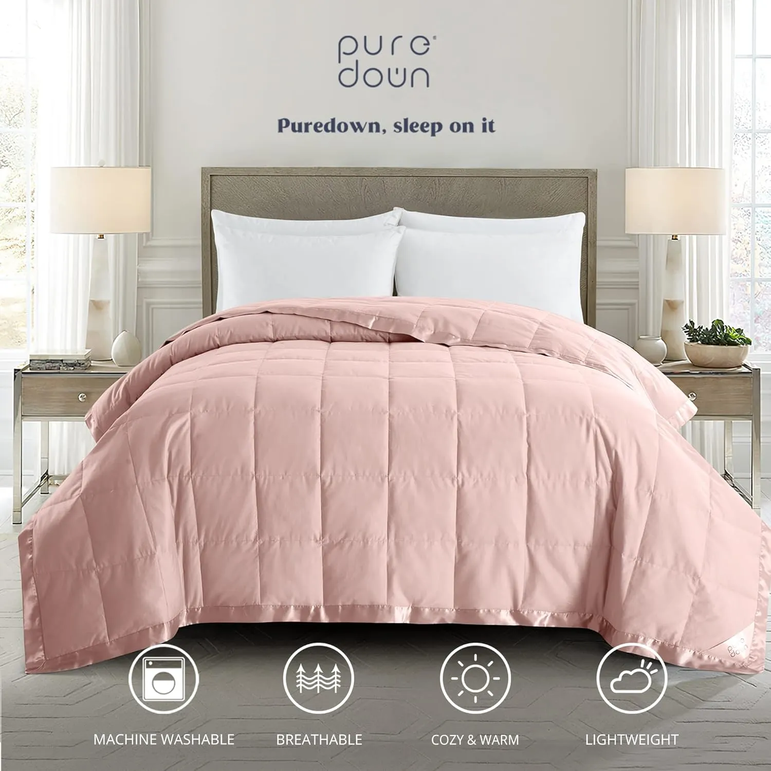 puredown® Blankets King Size - Soft Lightweight Down Blanket for All Seasons, Cozy Warm Luxury Bed Blanket with Satin Trim, Microfiber Cover, Blush Pink (108"X90")