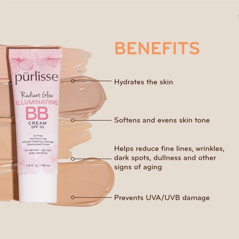 pūrlisse Radiant Glow Illuminating BB Cream with SPF 30 - Glow BB Cream Enriched with Goji & Hawthorn Berry for Dewy Skin - Helps to Improve Skin Texture & Radiance - Fair (1.4 oz)