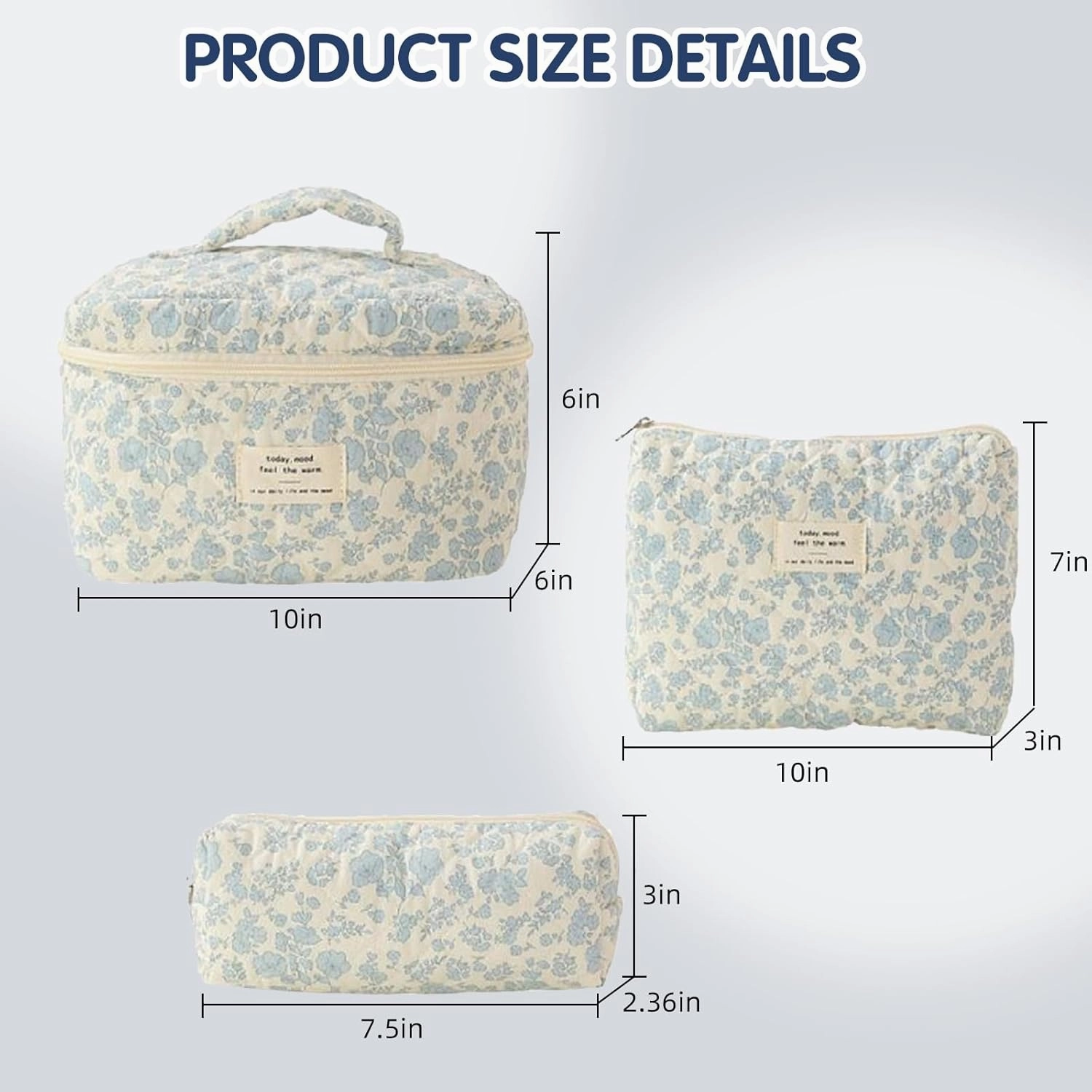 Quilted Floral Makeup Bag 3PCS, Cute Cotton Coquette Aesthetic Travel Toiletry Bag, Zipper Cosmetic Pouch, Daily Travel Use Skincare Bag, Large Capacity (Rose Blush Garden Pink)