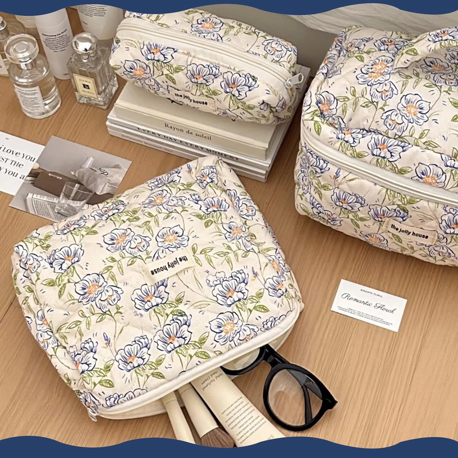Quilted Floral Makeup Bag 3PCS, Cute Cotton Coquette Aesthetic Travel Toiletry Bag, Zipper Cosmetic Pouch, Daily Travel Use Skincare Bag, Large Capacity (Rose Blush Garden Pink)