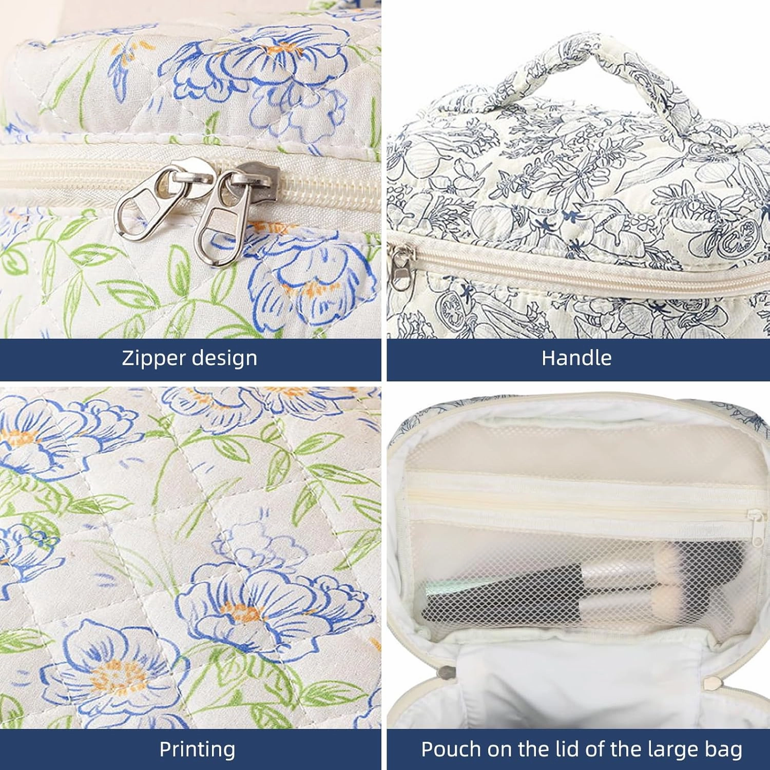 Quilted Floral Makeup Bag 3PCS, Cute Cotton Coquette Aesthetic Travel Toiletry Bag, Zipper Cosmetic Pouch, Daily Travel Use Skincare Bag, Large Capacity (Rose Blush Garden Pink)