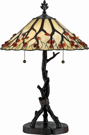 Quoizel Whispering Wood 2-Light Valiant Bronze Table Lamp, Handcrafted Tiffany Style Art Glass Desk Lamp, Genuine Agate Stone Accents, Traditional Resin Construction Vintage Lamp