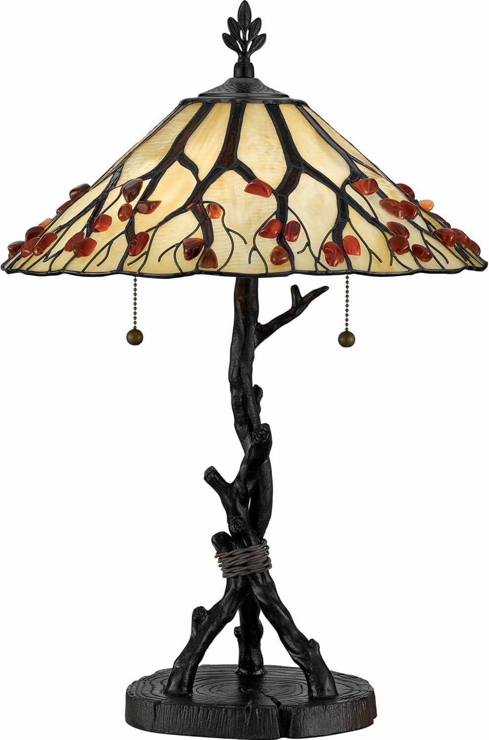 Quoizel Whispering Wood 2-Light Valiant Bronze Table Lamp, Handcrafted Tiffany Style Art Glass Desk Lamp, Genuine Agate Stone Accents, Traditional Resin Construction Vintage Lamp