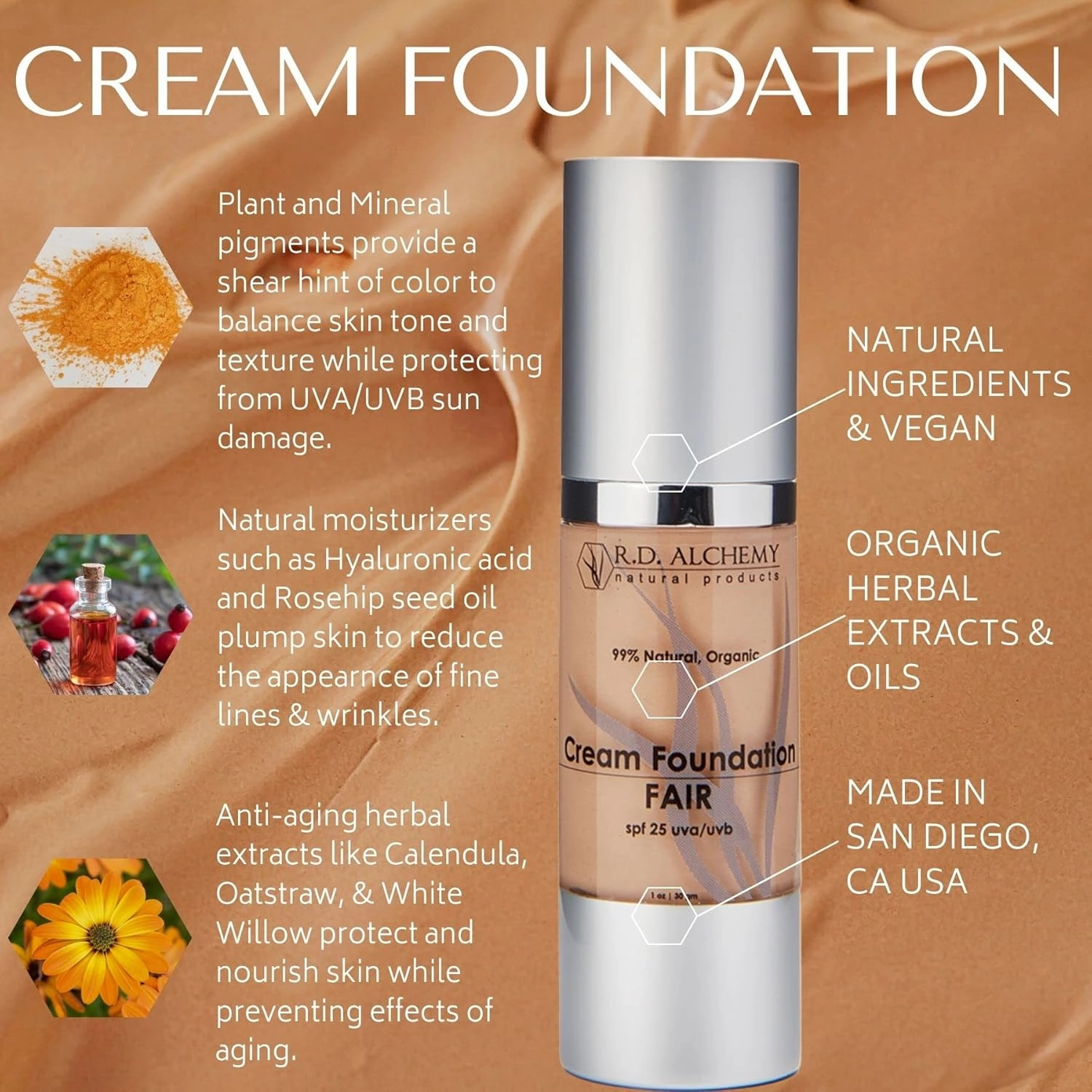 RD Alchemy - 99% Natural & Organic LIGHT Cream Foundation - Best Lightweight Foundation for Coverage of Blemishes, Sun Spots, Age Spots, or Under Eye Dark Circles. Anti Aging   SPF 25