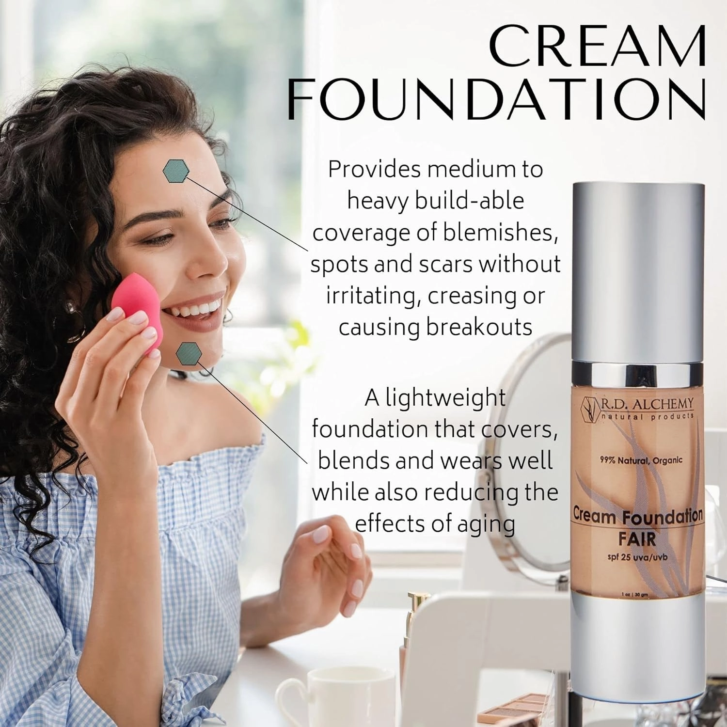 RD Alchemy - 99% Natural & Organic LIGHT Cream Foundation - Best Lightweight Foundation for Coverage of Blemishes, Sun Spots, Age Spots, or Under Eye Dark Circles. Anti Aging   SPF 25