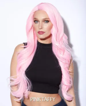 Reagan Blush Wig Color Pink Taffy - Sepia Wigs 14.5" Shoulder Length Curly Lace Front Heat Friendly Synthetic Hair Vibrant Costume Realistic Hairline Layered Bundle MaxWigs Hairloss Booklet