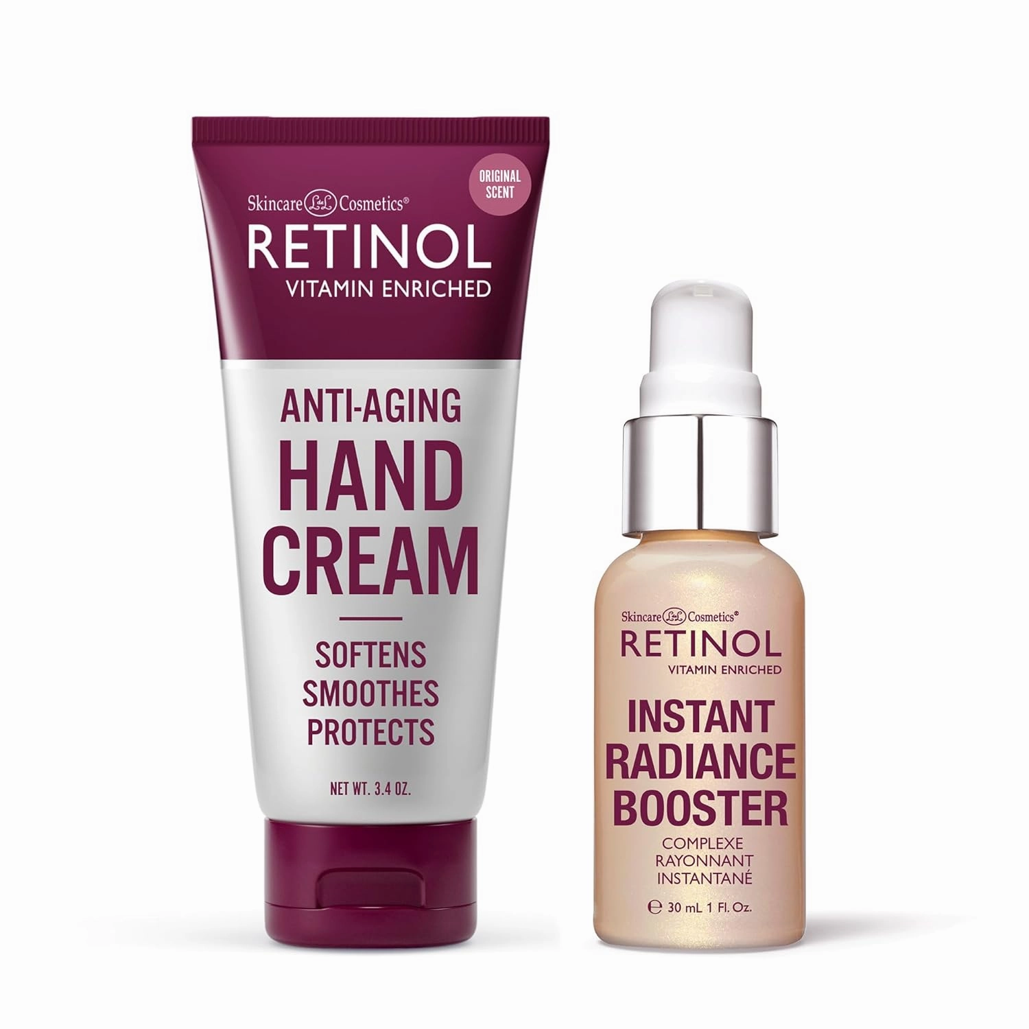 Retinol Anti-Aging Hand Cream - Conditions & Protects Skin, Nails & Cuticles   Retinol Instant Radiance Booster - Provides A Burst of Anti-Aging Hydration and Luminosity