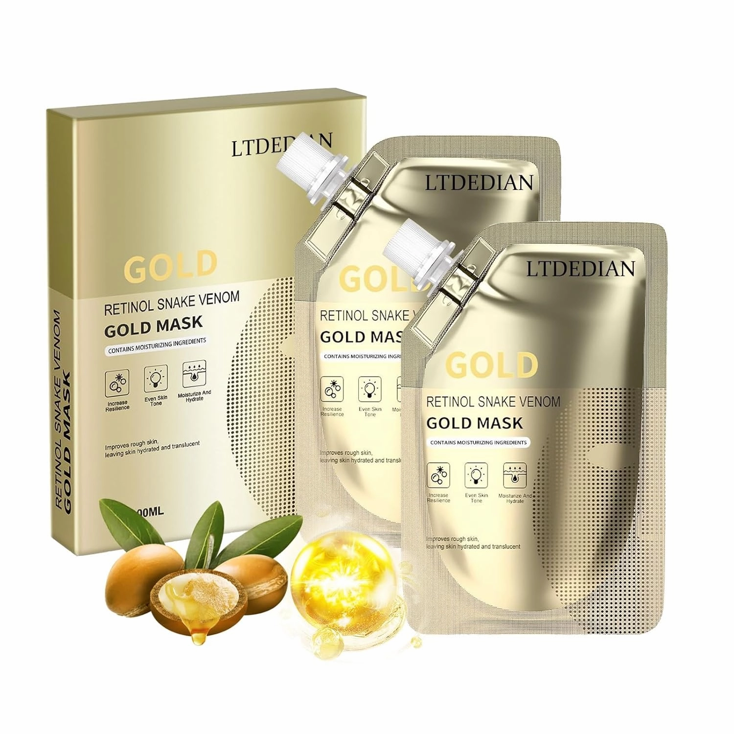Retinol Snake Venom Peptide Gold Mask, Treatment Deep Moisturizing Facial Masks for Reduce fine lines, Puffiness Skincare Tighten Skin & Revitalize Skin(2pcs)