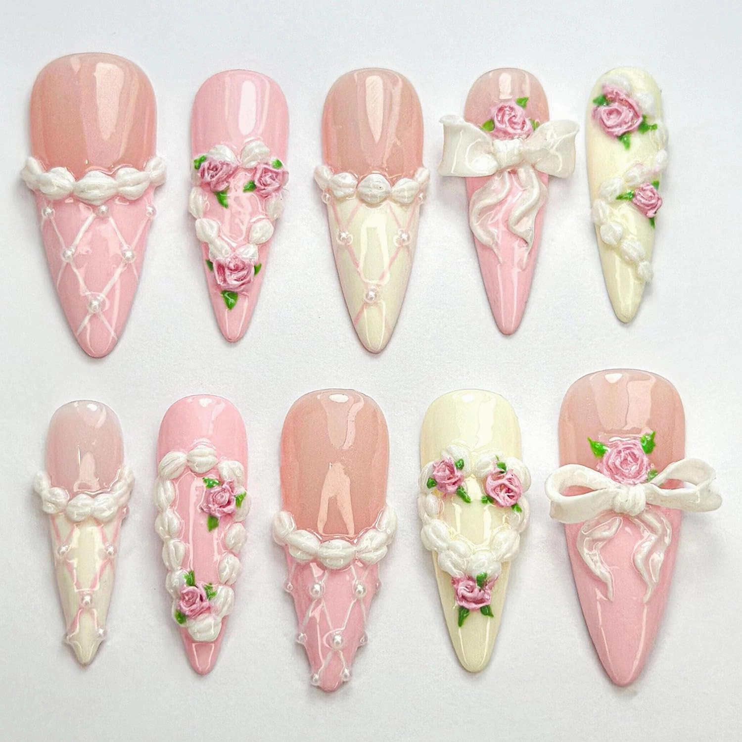 Romantic Pink Press On Nails,3D Blush Vintage Nail Set,Long French Ribbon Nails,Romantic Pink Press On Nails