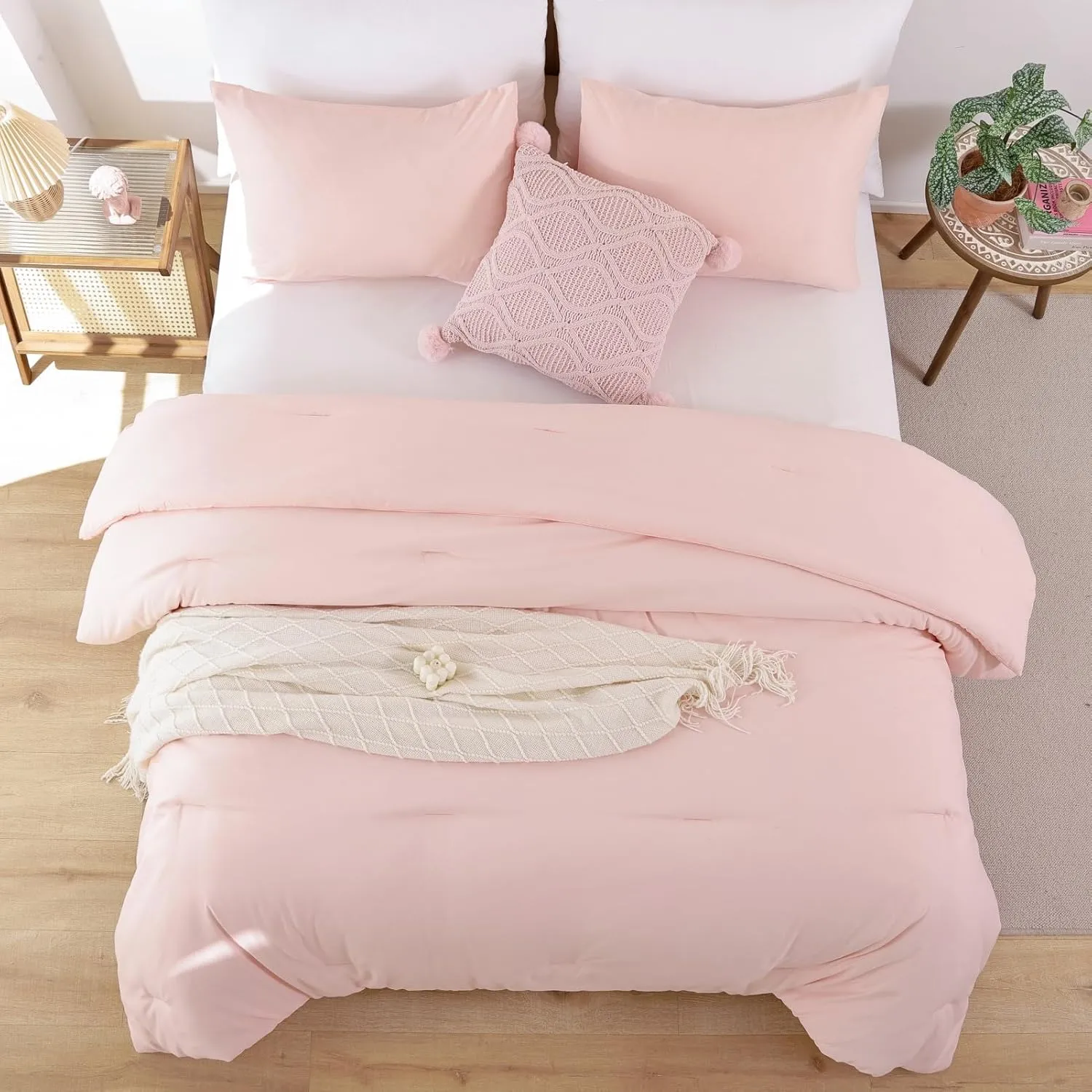 ROSGONIA Blush Comforter Set Queen, 3pcs (1 Boho Pink Comforter & 2 Pillowcases) All Season Soft Bedding Lightweight Bedspread Blanket Quilt