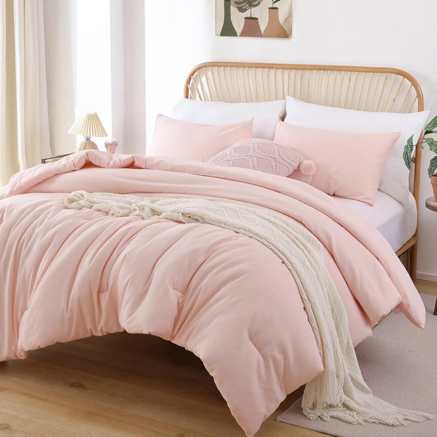 ROSGONIA Blush Comforter Set Queen, 3pcs (1 Boho Pink Comforter & 2 Pillowcases) All Season Soft Bedding Lightweight Bedspread Blanket Quilt