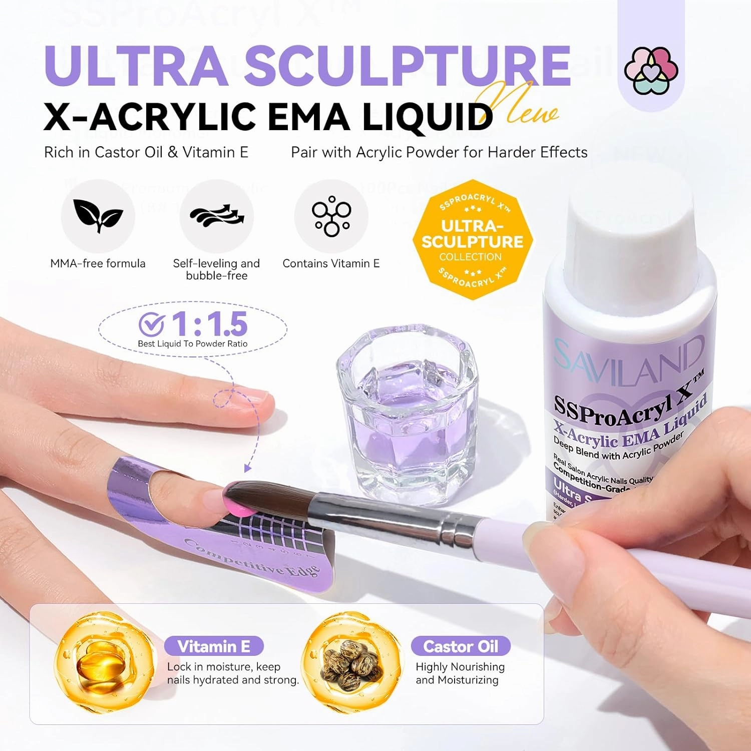 SAVILAND SSPro Acrylic Nail Kit: Clear White Pink Acrylic Powder for Beginners Acrylic Liquid Set with Brush Nail Practice Finger Essential Oil for Acrylic Nails Extension Christmas Gift Home DIY