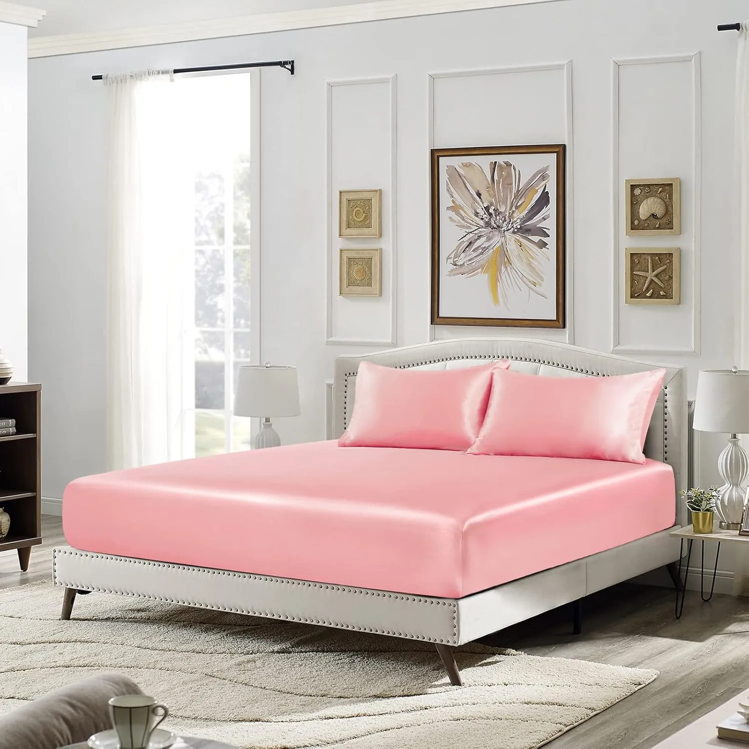 SiinvdaBZX 3-Piece Set Satin Twin XL Fitted Sheet & 2 Pillowcase, Blush Pink Silky Soft Fitted Bottom Sheet Twin Extra Long Bed Sheets, Wrinkle Free, Fade Resistant (Deep Up to 15")