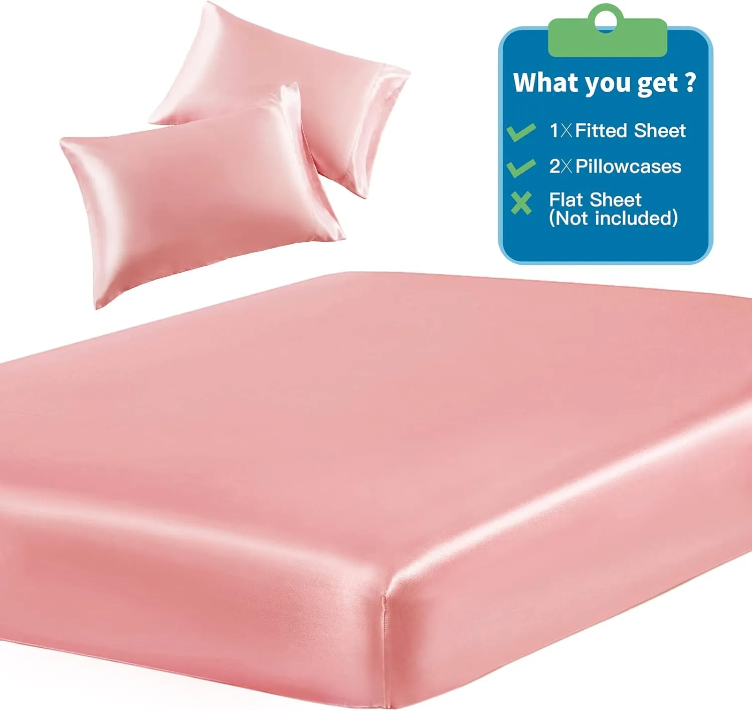 SiinvdaBZX 3-Piece Set Satin Twin XL Fitted Sheet & 2 Pillowcase, Blush Pink Silky Soft Fitted Bottom Sheet Twin Extra Long Bed Sheets, Wrinkle Free, Fade Resistant (Deep Up to 15")
