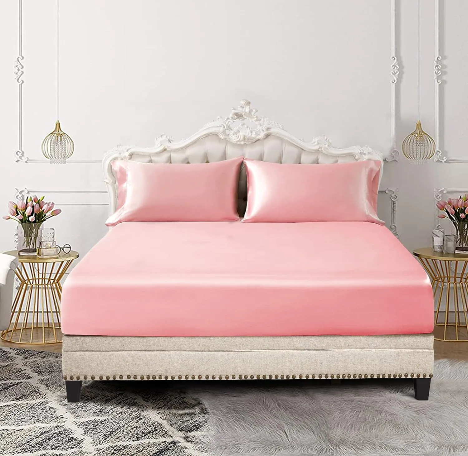 SiinvdaBZX 3-Piece Set Satin Twin XL Fitted Sheet & 2 Pillowcase, Blush Pink Silky Soft Fitted Bottom Sheet Twin Extra Long Bed Sheets, Wrinkle Free, Fade Resistant (Deep Up to 15")