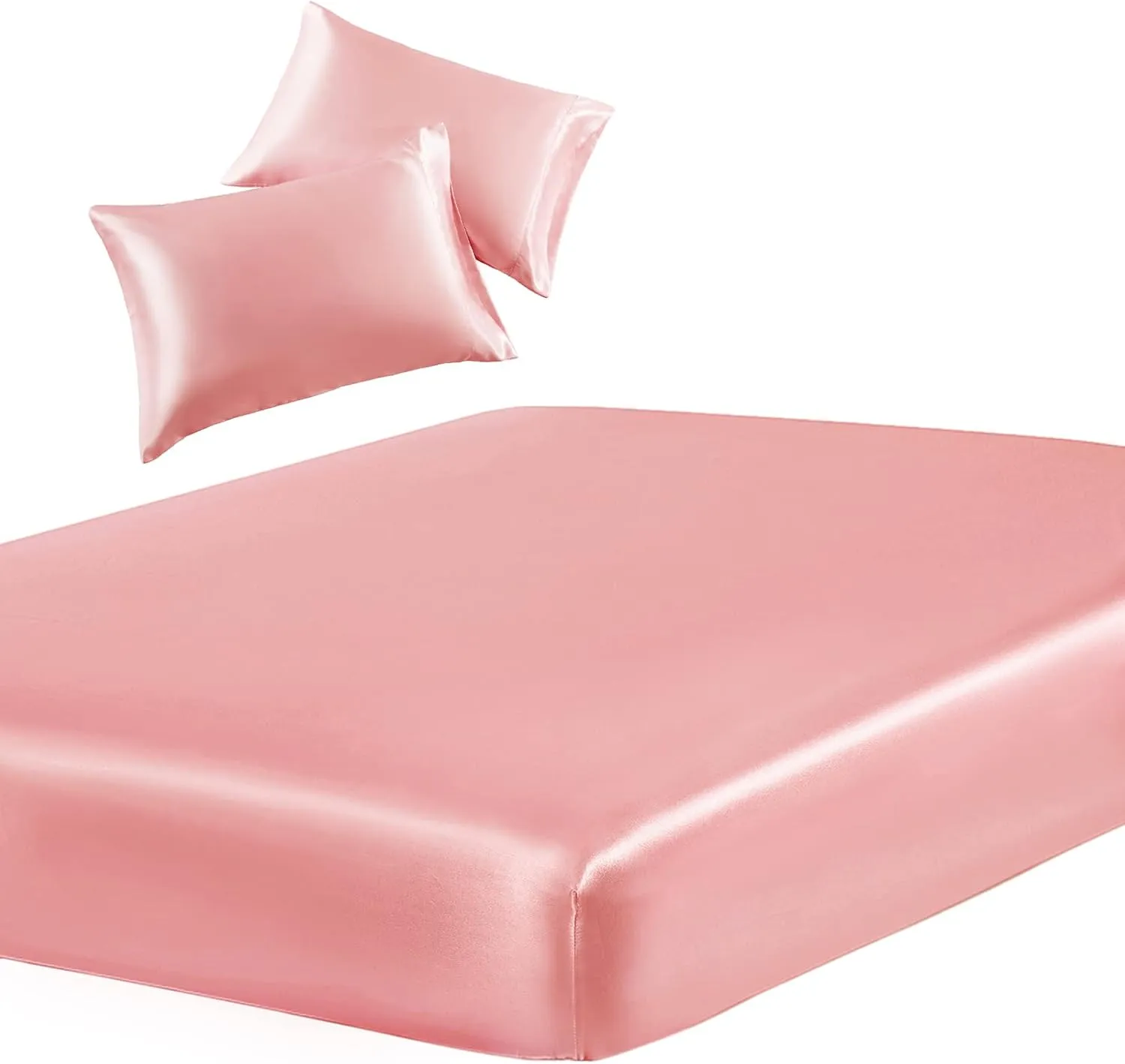 SiinvdaBZX 3-Piece Set Satin Twin XL Fitted Sheet & 2 Pillowcase, Blush Pink Silky Soft Fitted Bottom Sheet Twin Extra Long Bed Sheets, Wrinkle Free, Fade Resistant (Deep Up to 15")