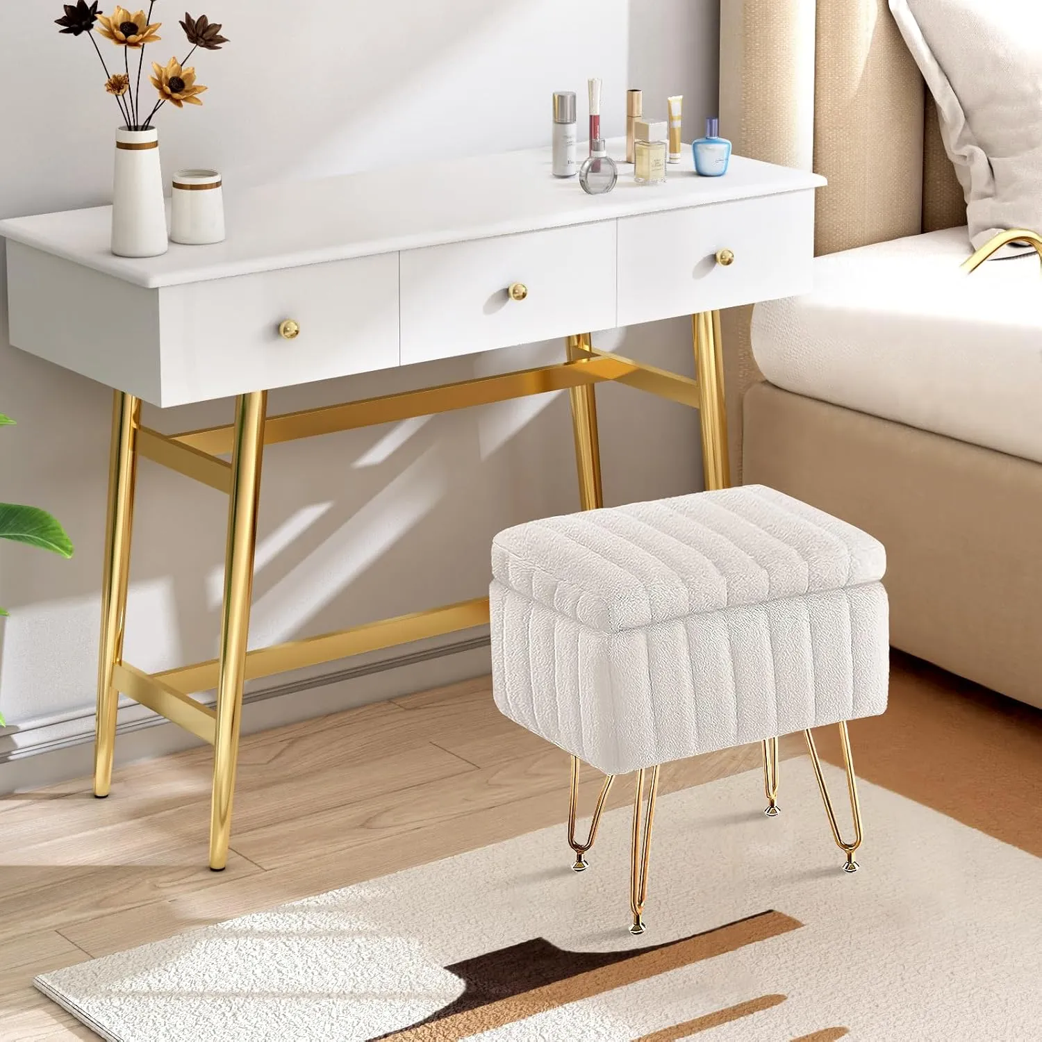 Simple Deluxe Vanity Chair Stool with Storage, Ottoman Soft Faux Fur Padded Makeup Seat, Adjustable Height Footstool with 4 Sturdy Metal Legs Anti-Slip Feet for Bedroom, Entryway, Living Room, White