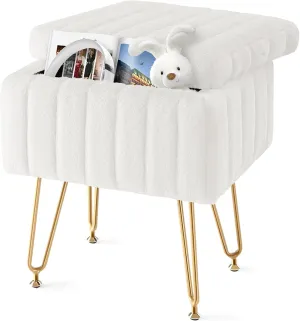 Simple Deluxe Vanity Chair Stool with Storage, Ottoman Soft Faux Fur Padded Makeup Seat, Adjustable Height Footstool with 4 Sturdy Metal Legs Anti-Slip Feet for Bedroom, Entryway, Living Room, White