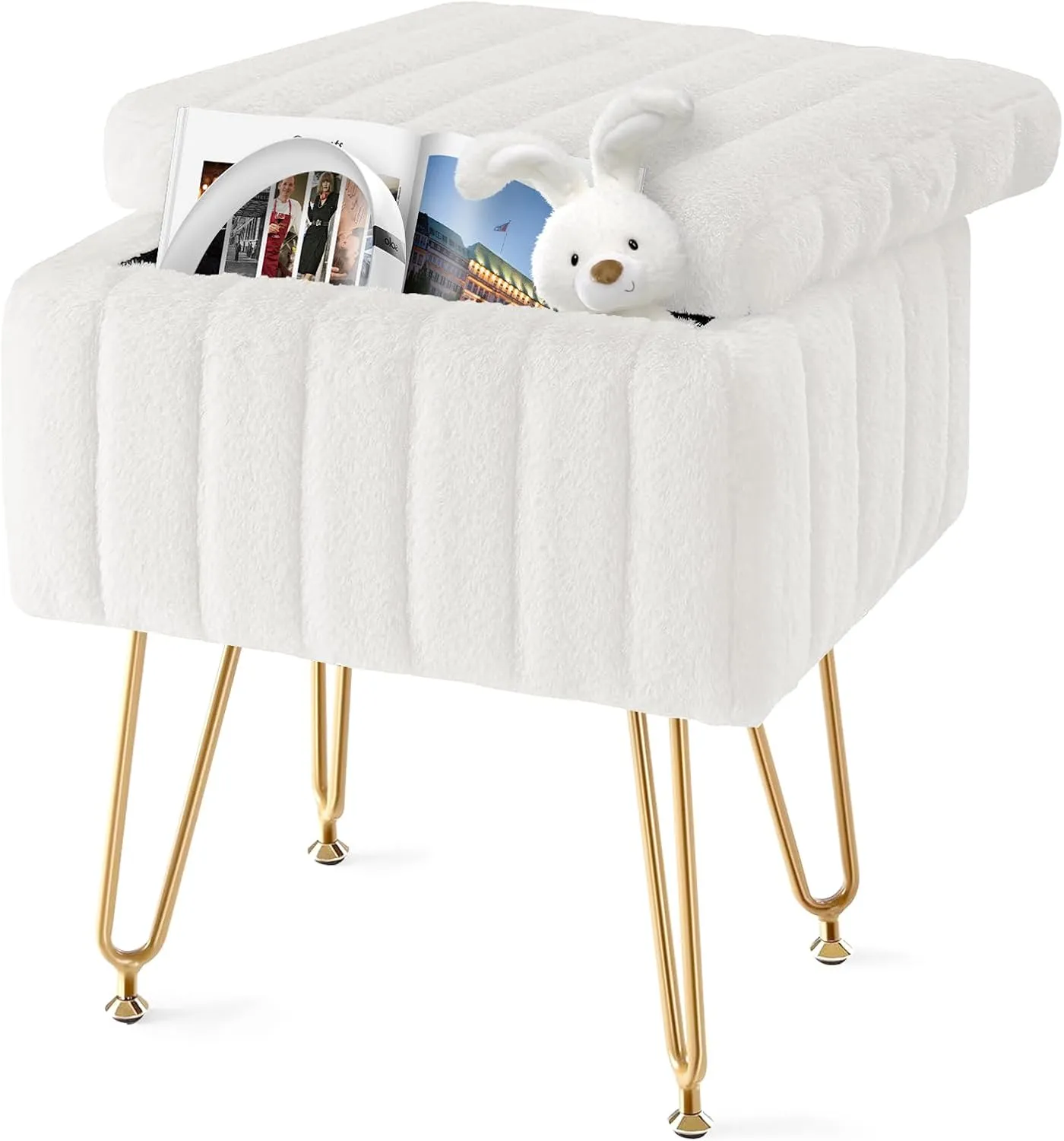 Simple Deluxe Vanity Chair Stool with Storage, Ottoman Soft Faux Fur Padded Makeup Seat, Adjustable Height Footstool with 4 Sturdy Metal Legs Anti-Slip Feet for Bedroom, Entryway, Living Room, White