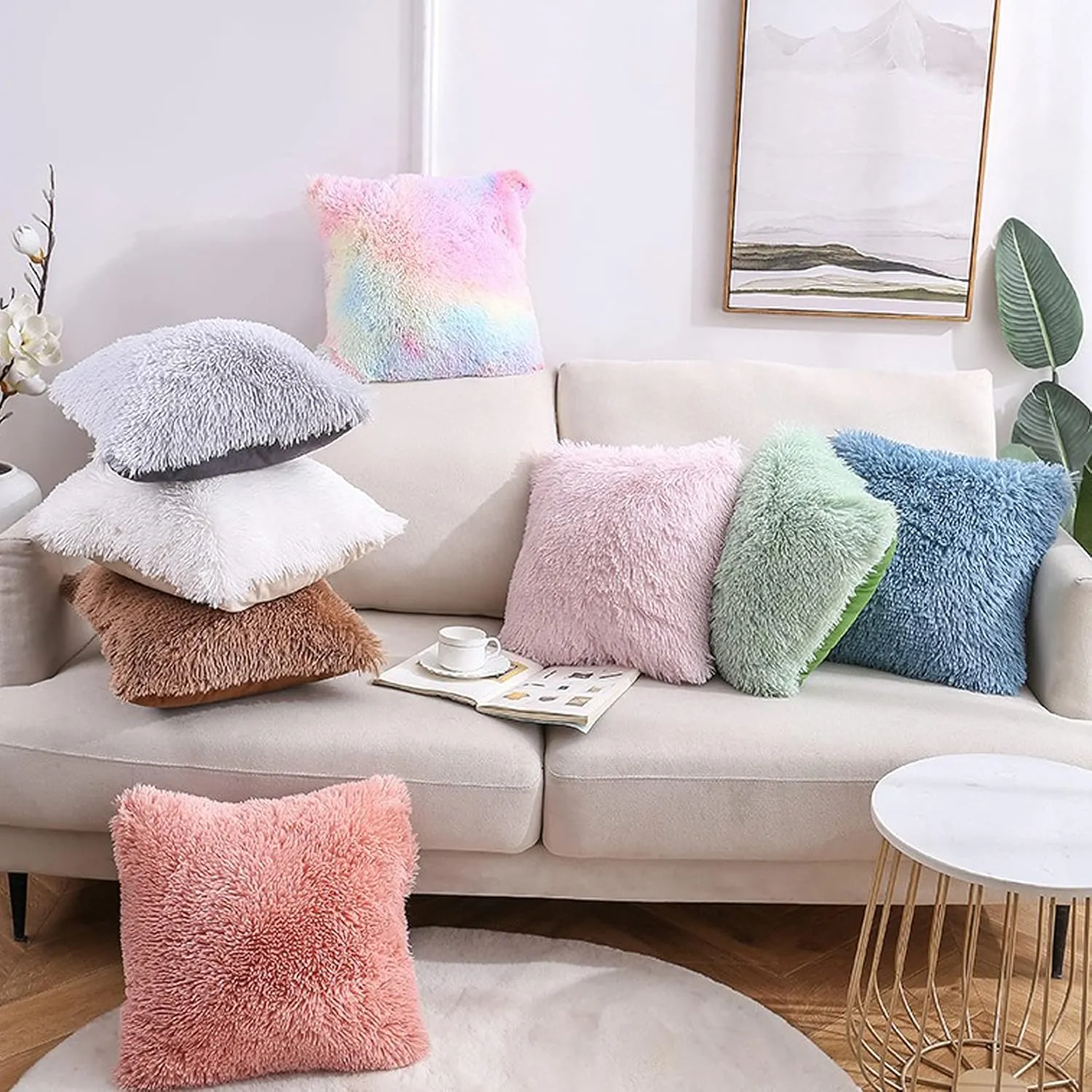 Soft Fur Faux Fur Throw Pillow Covers, 18"x18", Pack of 2 Peach Blush Plush Decorative Tie Dye Pink Throw Girls Pillow Covers, Cute Cushion Cases Pillowcases for Sofa Couch Living Room Bedroom