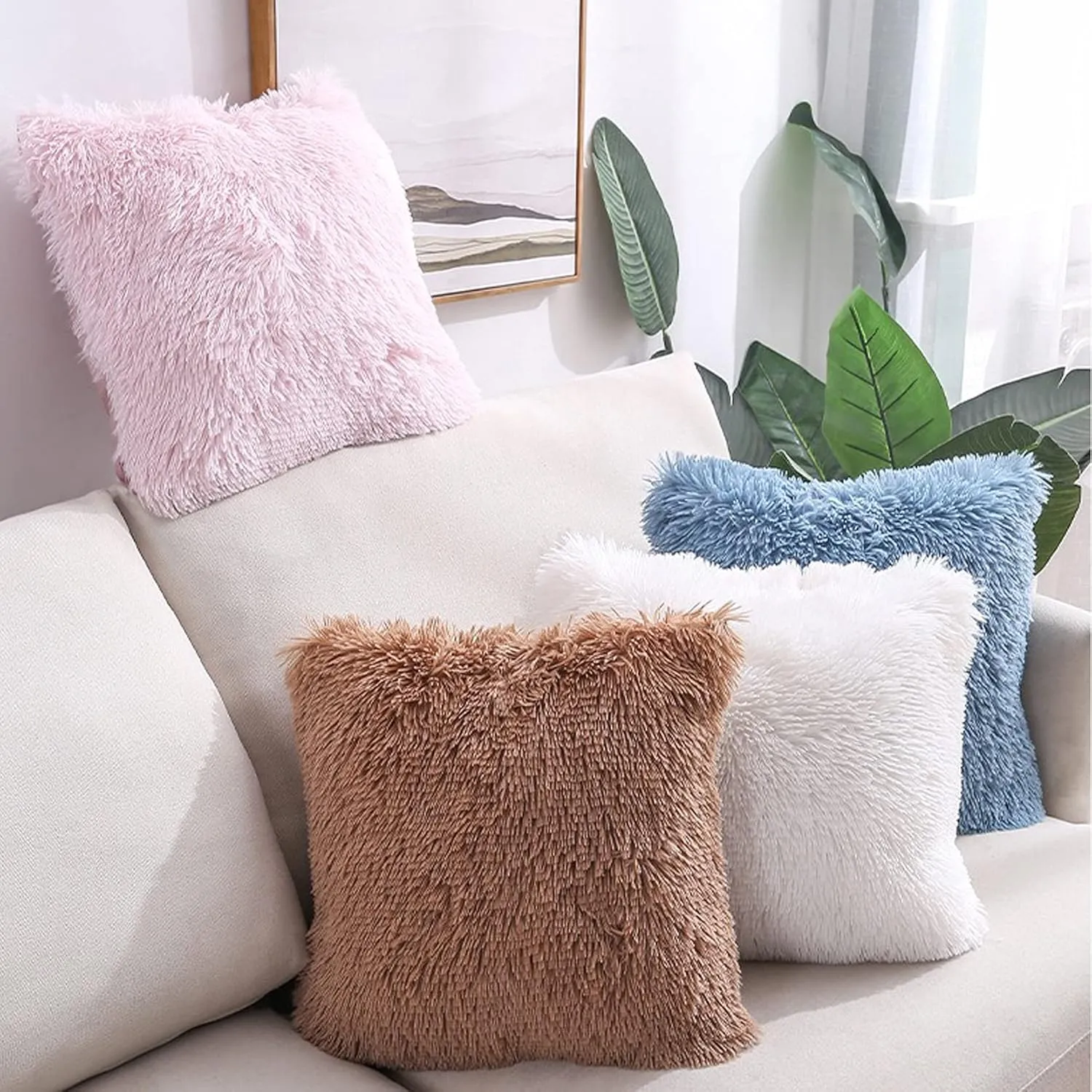 Soft Fur Faux Fur Throw Pillow Covers, 18"x18", Pack of 2 Peach Blush Plush Decorative Tie Dye Pink Throw Girls Pillow Covers, Cute Cushion Cases Pillowcases for Sofa Couch Living Room Bedroom