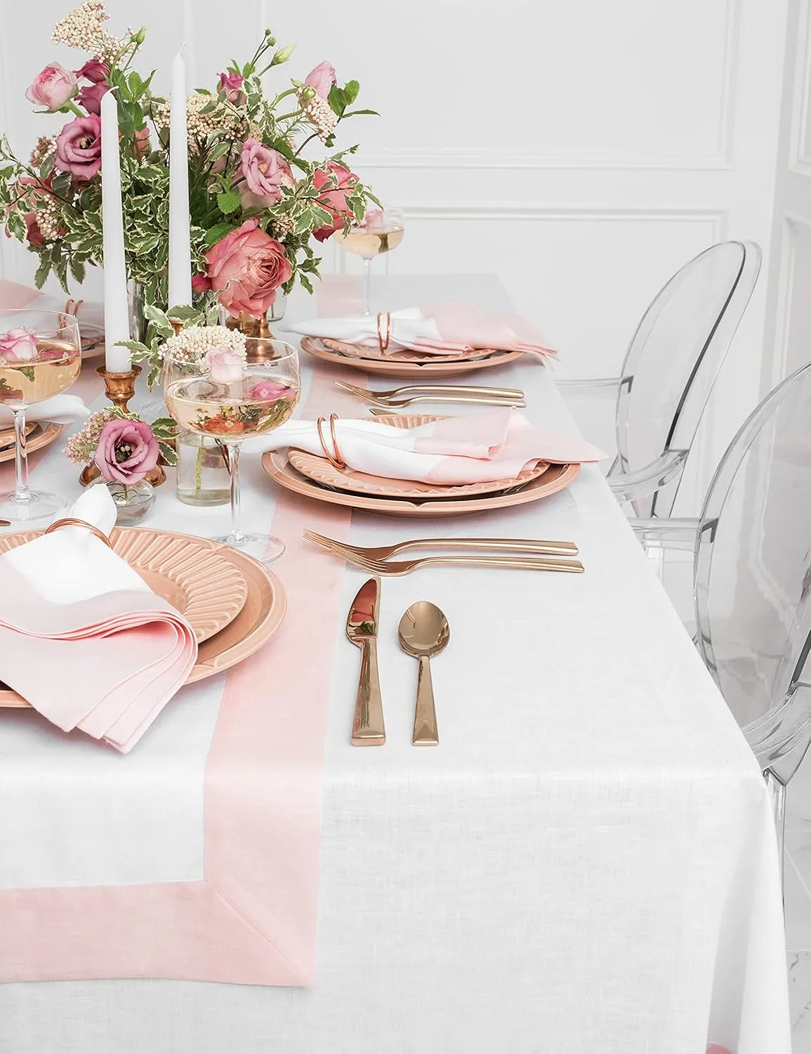 Solino Home Linen Table Runner 90 Inches Long - 100% Pure Linen Blush Pink and White Table Runner 14 x 90 Inch for Summer - Contempo
