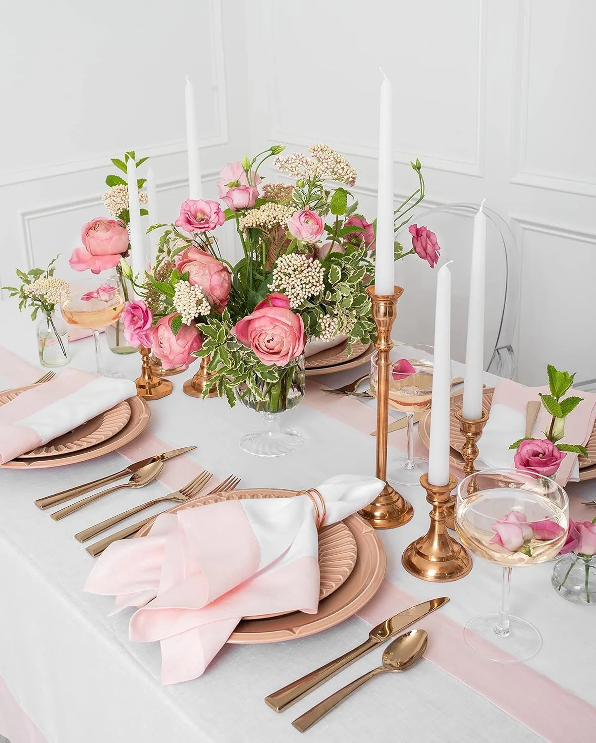 Solino Home Linen Table Runner 90 Inches Long - 100% Pure Linen Blush Pink and White Table Runner 14 x 90 Inch for Summer - Contempo
