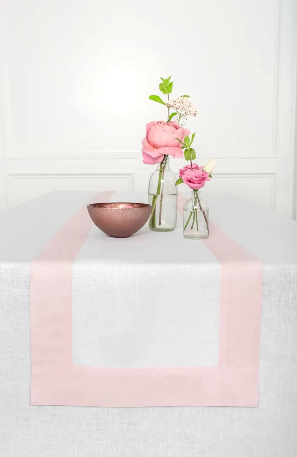 Solino Home Linen Table Runner 90 Inches Long - 100% Pure Linen Blush Pink and White Table Runner 14 x 90 Inch for Summer - Contempo