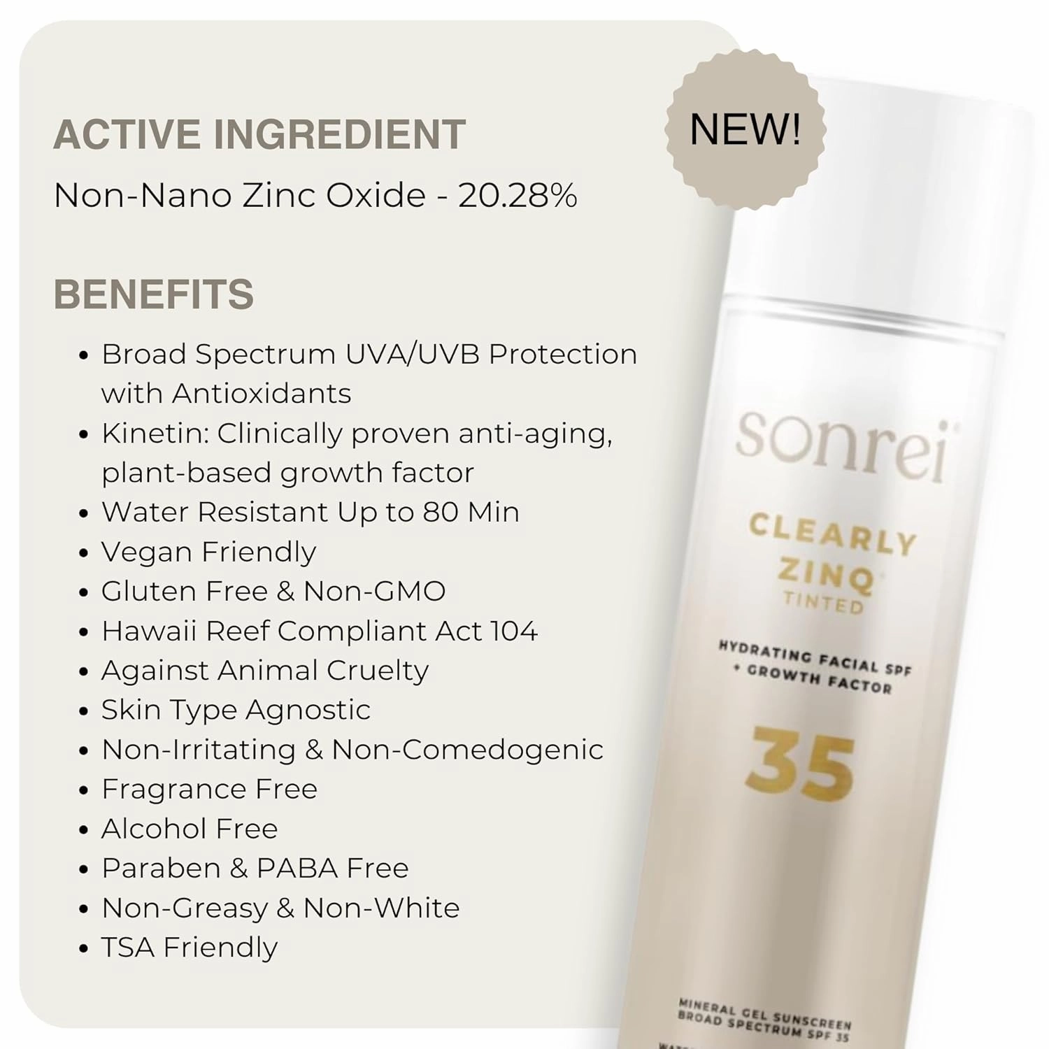 Sonrei Clearly Zinq Hydrating Tinted Facial SPF 35   Anti-aging Growth Factor Sunscreen Mineral Gel & Primer | Broad Spectrum UV Protection | Water Resistant, Vegan | Non-greasy with 2 REFILL, 3-Pack