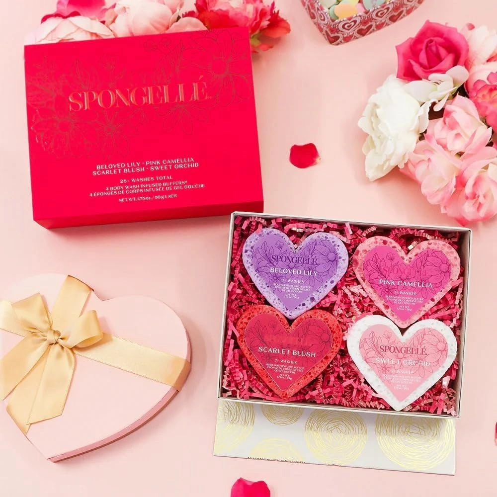Spongellé Heart Buffer Gift Set | Exfoliating Body Wash Infused Sponges | Sweet Orchid, Scarlet Blush, Lily & Pink Camellia | Perfect for Valentine’s & Mother’s Day