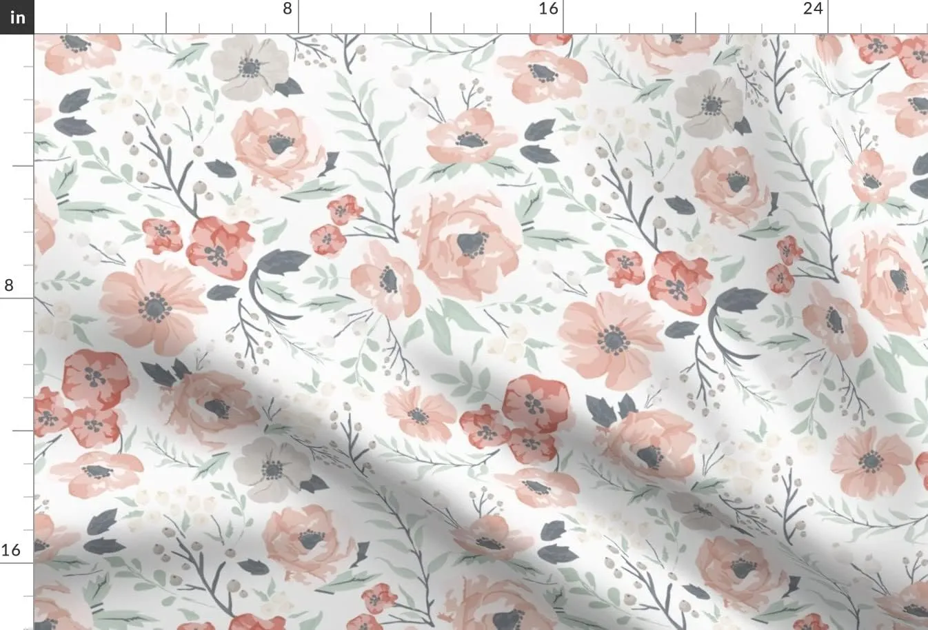 Spoonflower Fabric - Soft Meadow Floral Hibiscus Coral Girl Sage Berries Flowers Blush Pink Printed on Upholstery Velvet Fabric Fat Quarter - Upholstery Home Decor Bottomweight Apparel