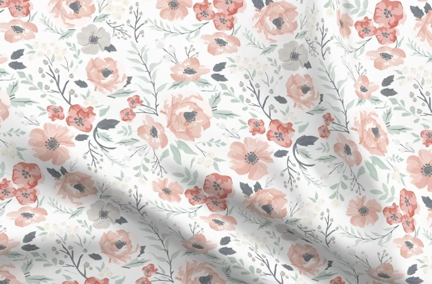 Spoonflower Fabric - Soft Meadow Floral Hibiscus Coral Girl Sage Berries Flowers Blush Pink Printed on Upholstery Velvet Fabric Fat Quarter - Upholstery Home Decor Bottomweight Apparel