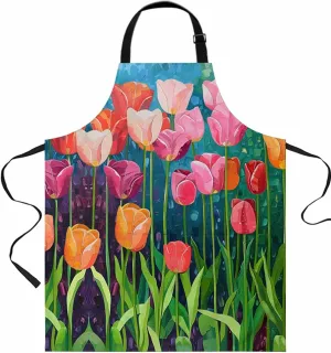 Spring Floral Waterproof Apron With Pockets,Colorful Flower Green Abstract Painting Art Kitchen Chefs Bib Cooking BBQ Grill Bake Adjustable Aprons for Women Home Garden Grooming Painting Gardening