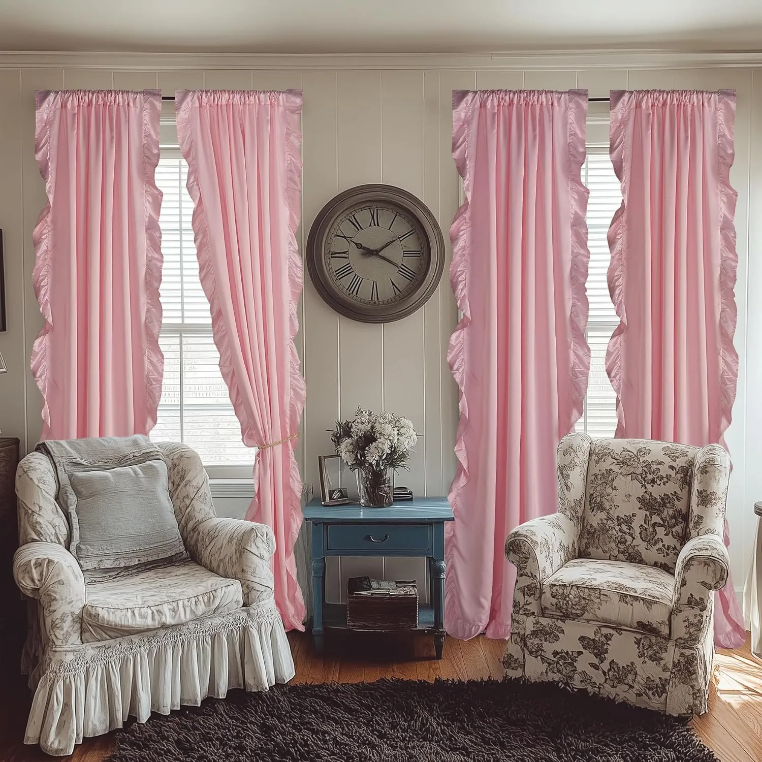 StangH Blush Pink Curtains 84 inch Length,Scalloped Curtains Feminine Decor Nursery Curtain French Country Ruffle Window Drapes for Girls Room/Dressing Room, Rod Pocket, W52 x L84, 2 Panels