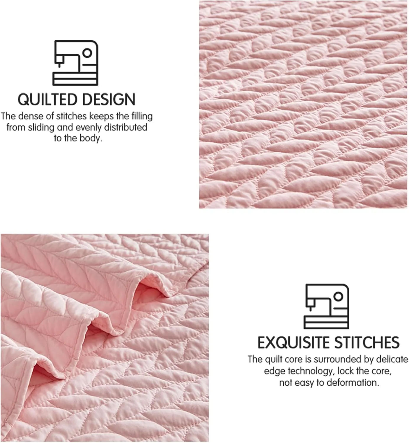 SunStyle Home Pink Quilt Queen Size Quilt Bedding Set, Lightweight Bedspread Full Soft Reversible Coverlet for All Season 3pcs Leaf Embroidered Luxury Durable Quilted Stitching Bed Set Blush