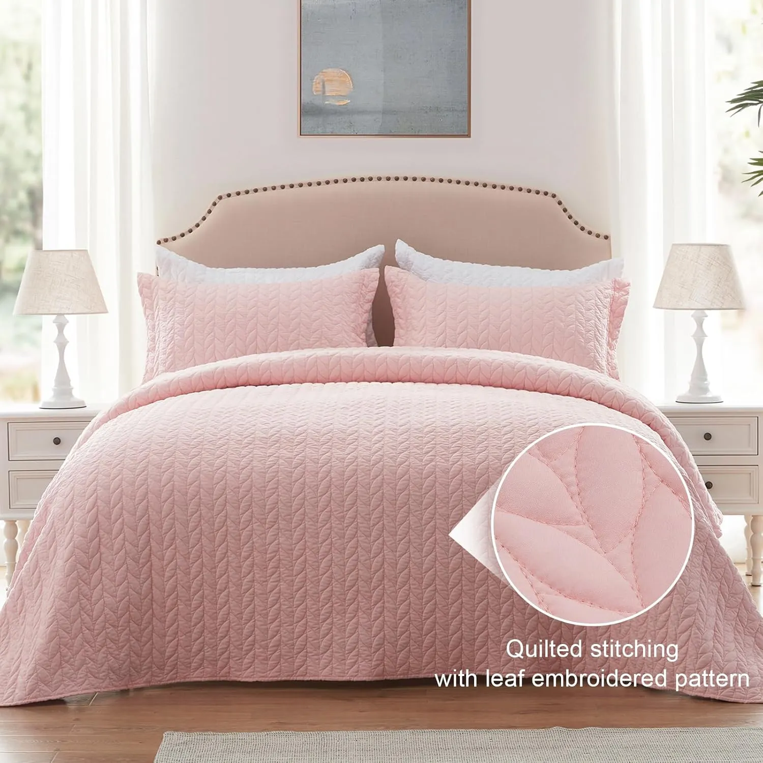 SunStyle Home Pink Quilt Queen Size Quilt Bedding Set, Lightweight Bedspread Full Soft Reversible Coverlet for All Season 3pcs Leaf Embroidered Luxury Durable Quilted Stitching Bed Set Blush