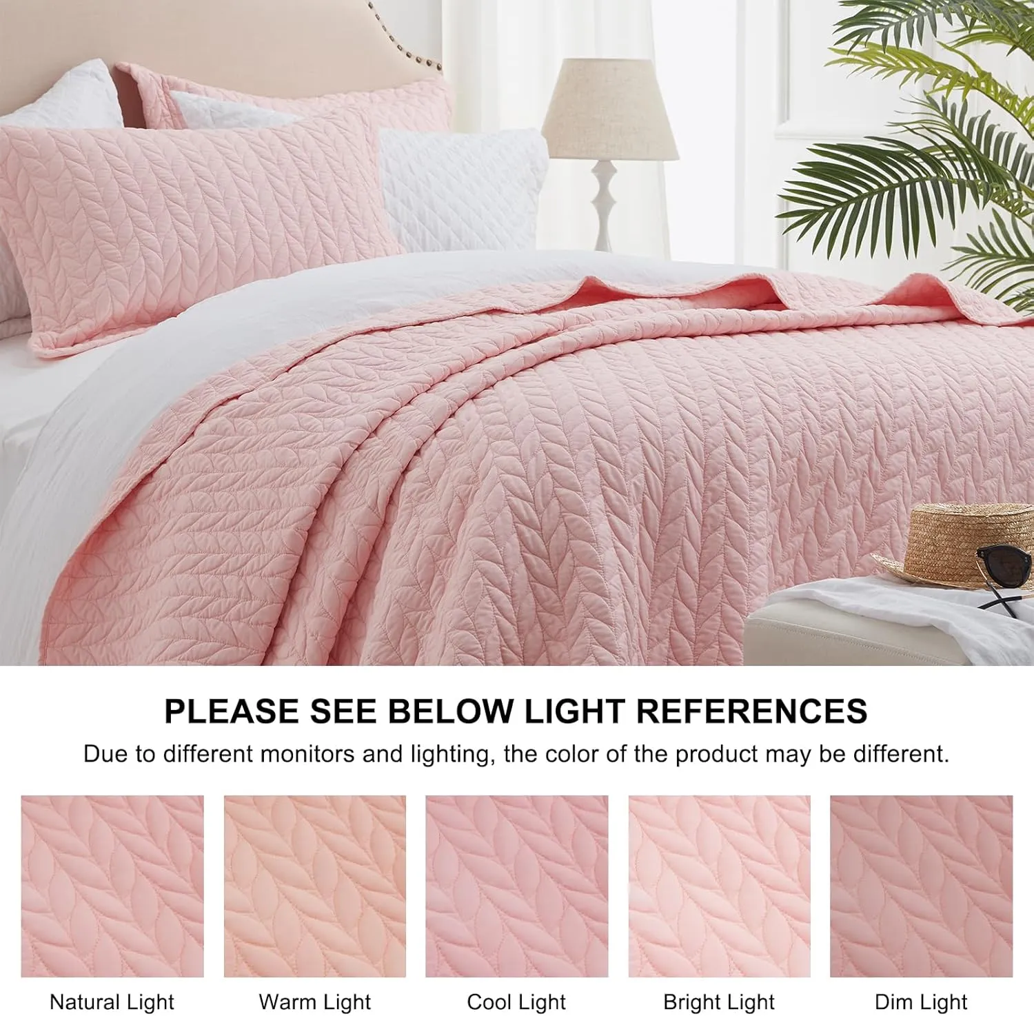 SunStyle Home Pink Quilt Queen Size Quilt Bedding Set, Lightweight Bedspread Full Soft Reversible Coverlet for All Season 3pcs Leaf Embroidered Luxury Durable Quilted Stitching Bed Set Blush
