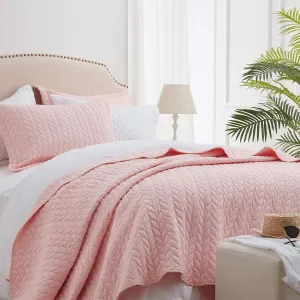 SunStyle Home Pink Quilt Queen Size Quilt Bedding Set, Lightweight Bedspread Full Soft Reversible Coverlet for All Season 3pcs Leaf Embroidered Luxury Durable Quilted Stitching Bed Set Blush