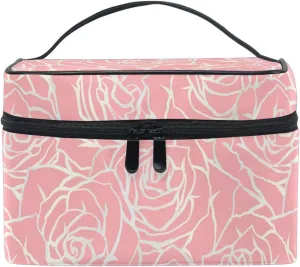 susiyo Pink Bright Line Roses Large Cosmetic Bag Travel Makeup Bag Toiletry Bag Zipper Pouch Storage Organizer Case for Women Girls