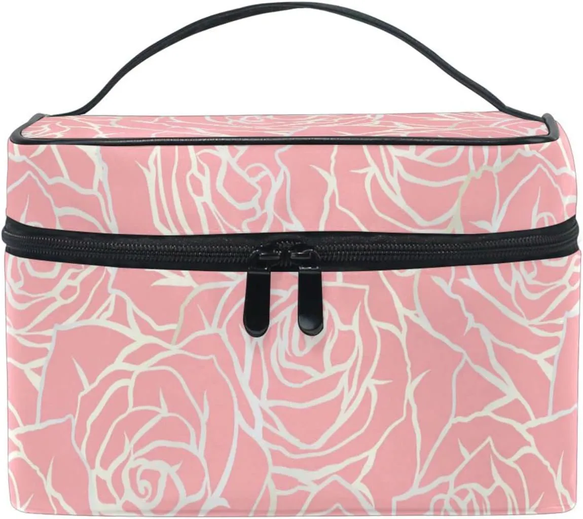 susiyo Pink Bright Line Roses Large Cosmetic Bag Travel Makeup Bag Toiletry Bag Zipper Pouch Storage Organizer Case for Women Girls