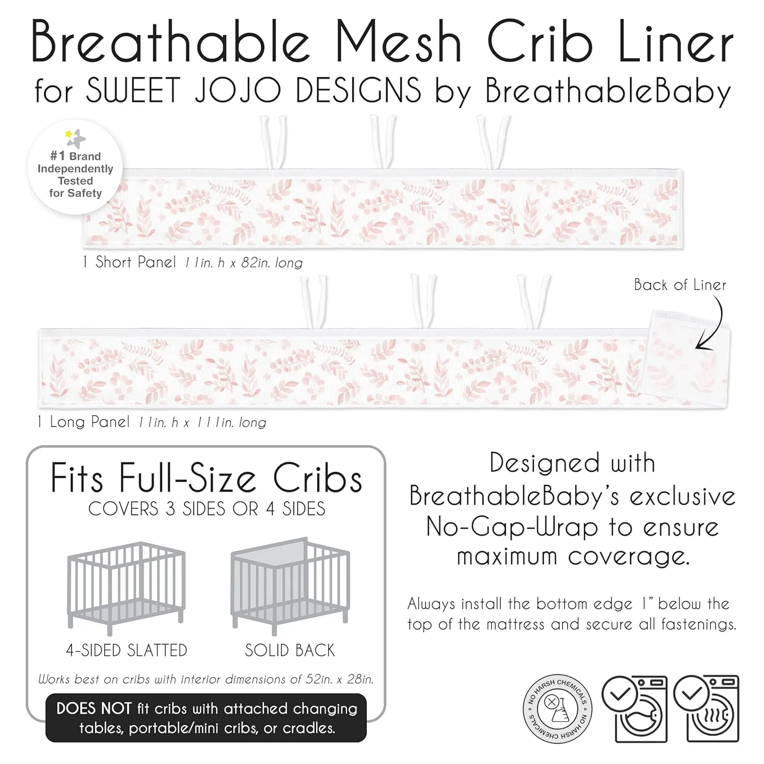Sweet Jojo Designs   BreathableBaby Blush Pink and White Floral Leaf Girl Breathable Mesh Crib Liner Pad Baby and Infant - Boho Chic Bohemian Watercolor Botanical Flower Woodland Tropical Garden