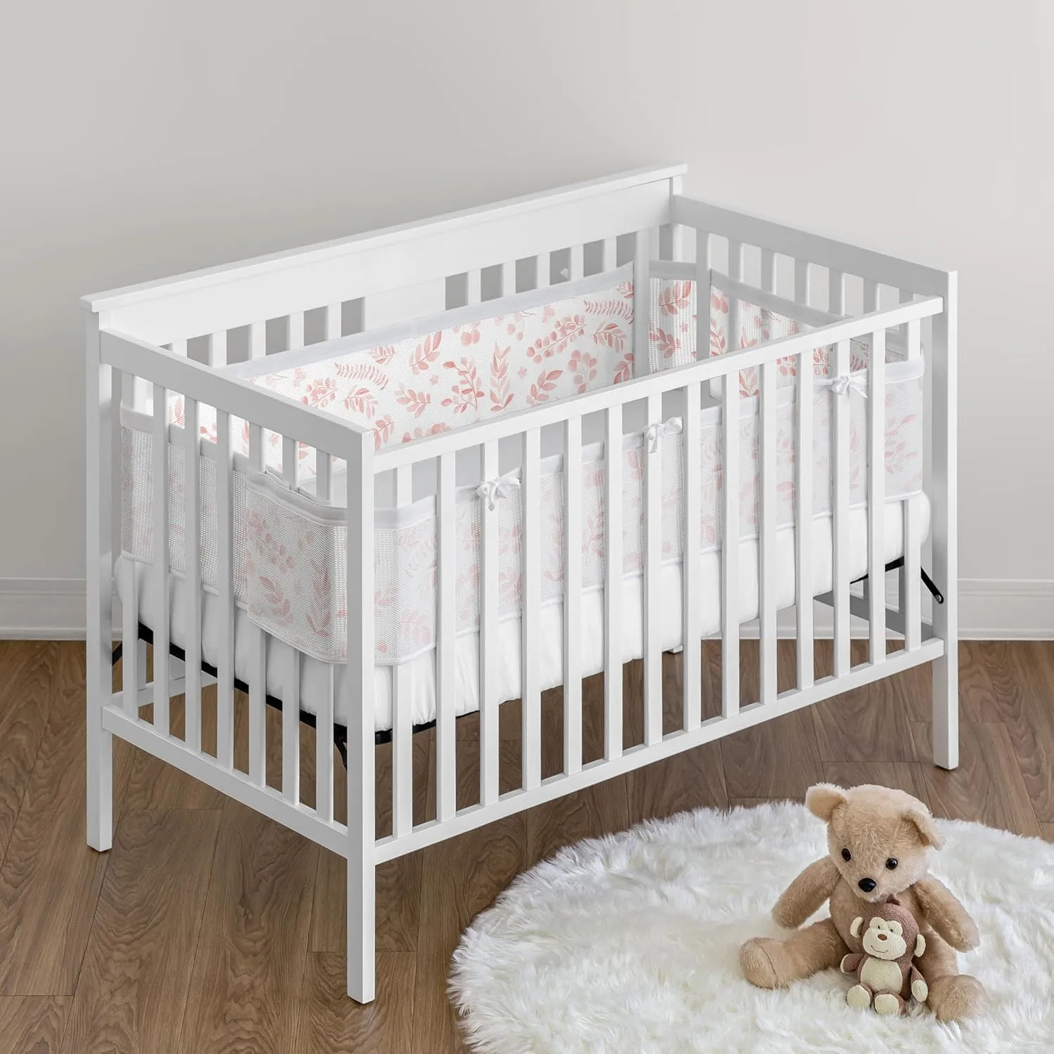 Sweet Jojo Designs   BreathableBaby Blush Pink and White Floral Leaf Girl Breathable Mesh Crib Liner Pad Baby and Infant - Boho Chic Bohemian Watercolor Botanical Flower Woodland Tropical Garden