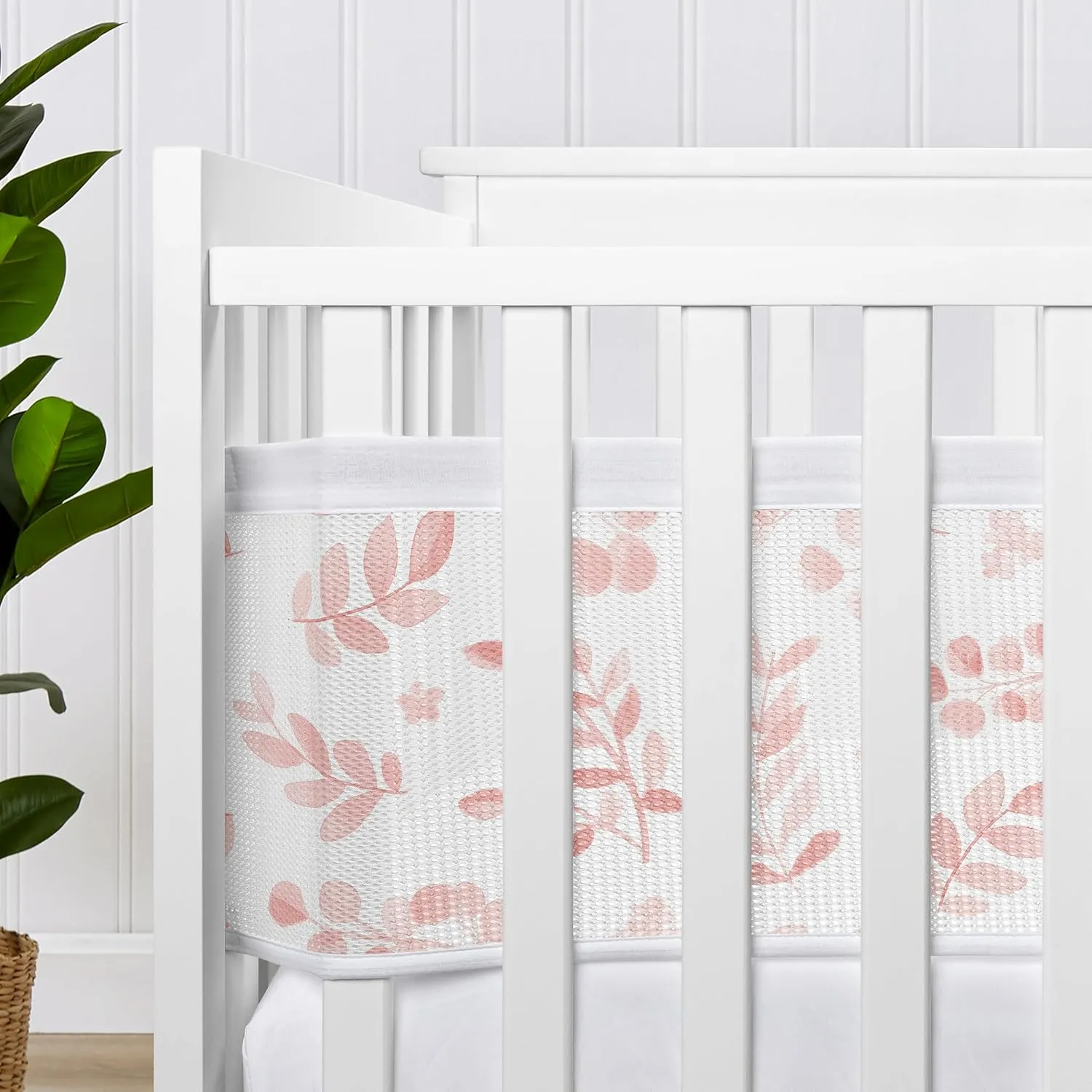 Sweet Jojo Designs   BreathableBaby Blush Pink and White Floral Leaf Girl Breathable Mesh Crib Liner Pad Baby and Infant - Boho Chic Bohemian Watercolor Botanical Flower Woodland Tropical Garden