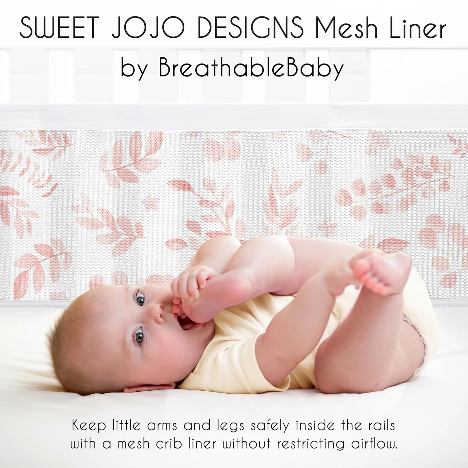 Sweet Jojo Designs   BreathableBaby Blush Pink and White Floral Leaf Girl Breathable Mesh Crib Liner Pad Baby and Infant - Boho Chic Bohemian Watercolor Botanical Flower Woodland Tropical Garden