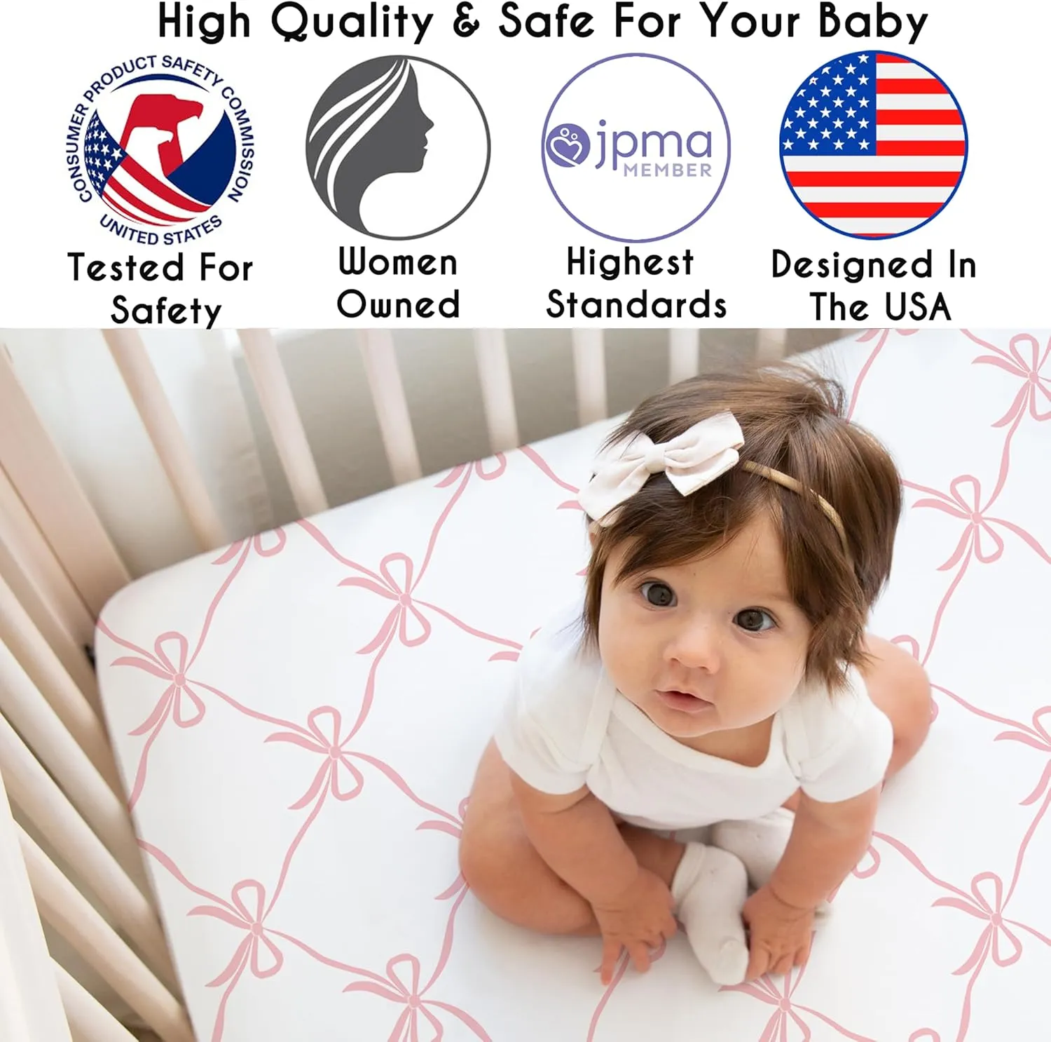 Sweet Jojo Designs Fitted Baby Crib Sheets (Pink Bows) for Girls, Infant Nursery, Toddler Bed Room - Standard Size Mattress (Blush and White Bow for The Ballerina Ballet Dancer Princess Collection)