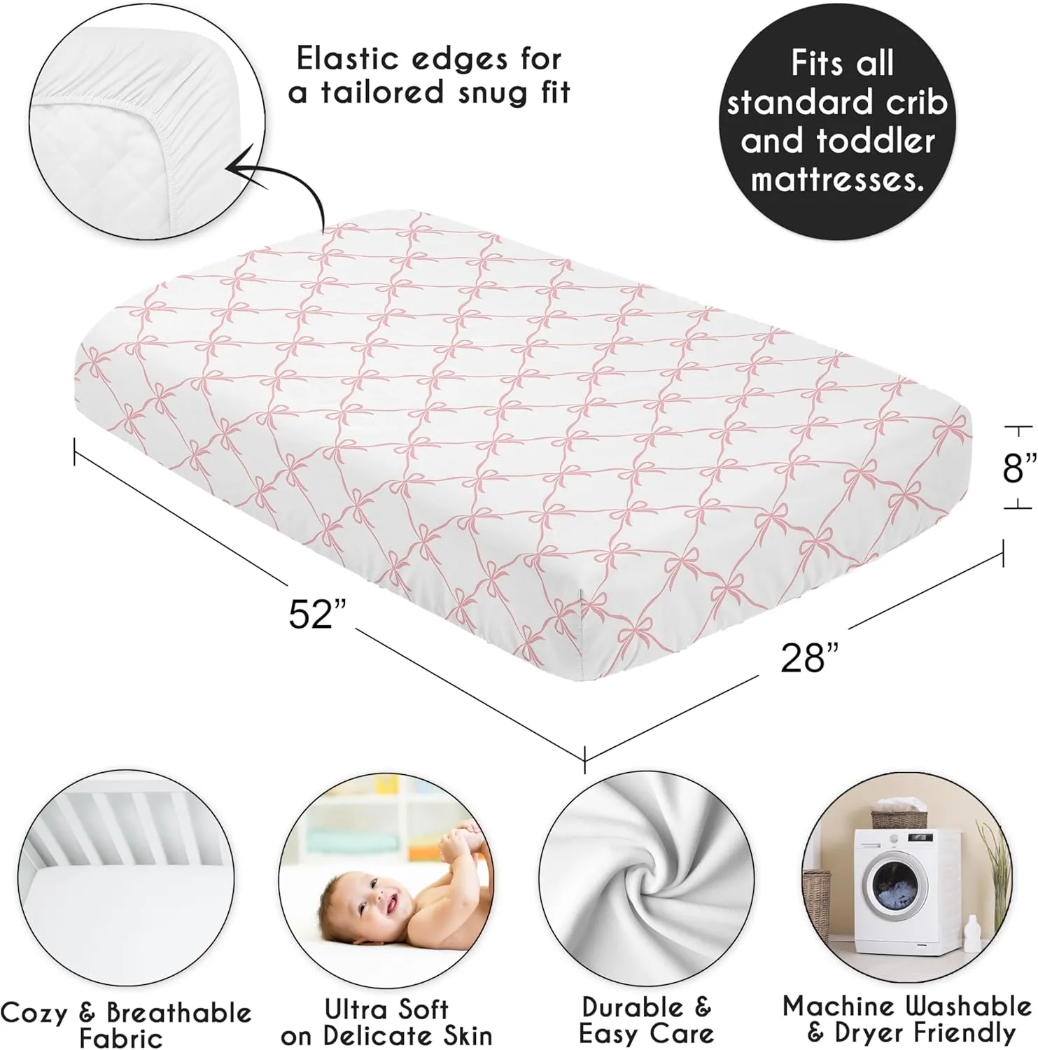 Sweet Jojo Designs Fitted Baby Crib Sheets (Pink Bows) for Girls, Infant Nursery, Toddler Bed Room - Standard Size Mattress (Blush and White Bow for The Ballerina Ballet Dancer Princess Collection)