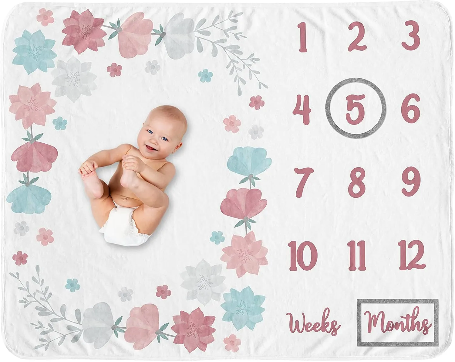 Sweet Jojo Designs Floral Rose Flower Girl Milestone Blanket Monthly Newborn First Year Growth Mat Baby Shower Memory Keepsake Gift Picture - Blush Pink Teal Aqua Grey Pop Boho Shabby Chic Watercolor