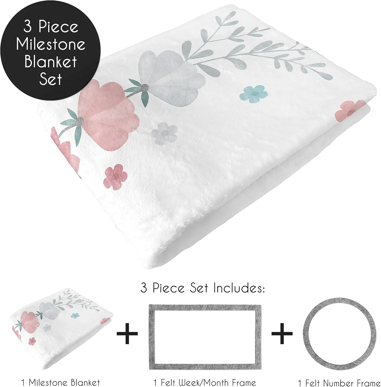 Sweet Jojo Designs Floral Rose Flower Girl Milestone Blanket Monthly Newborn First Year Growth Mat Baby Shower Memory Keepsake Gift Picture - Blush Pink Teal Aqua Grey Pop Boho Shabby Chic Watercolor