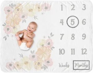 Sweet Jojo Designs Yellow Pink Watercolor Floral Girl Milestone Blanket Monthly Newborn First Year Growth Mat Baby Shower Memory Keepsake Picture - Peach Orange Grey Shabby Chic Rose Flower Farmhouse