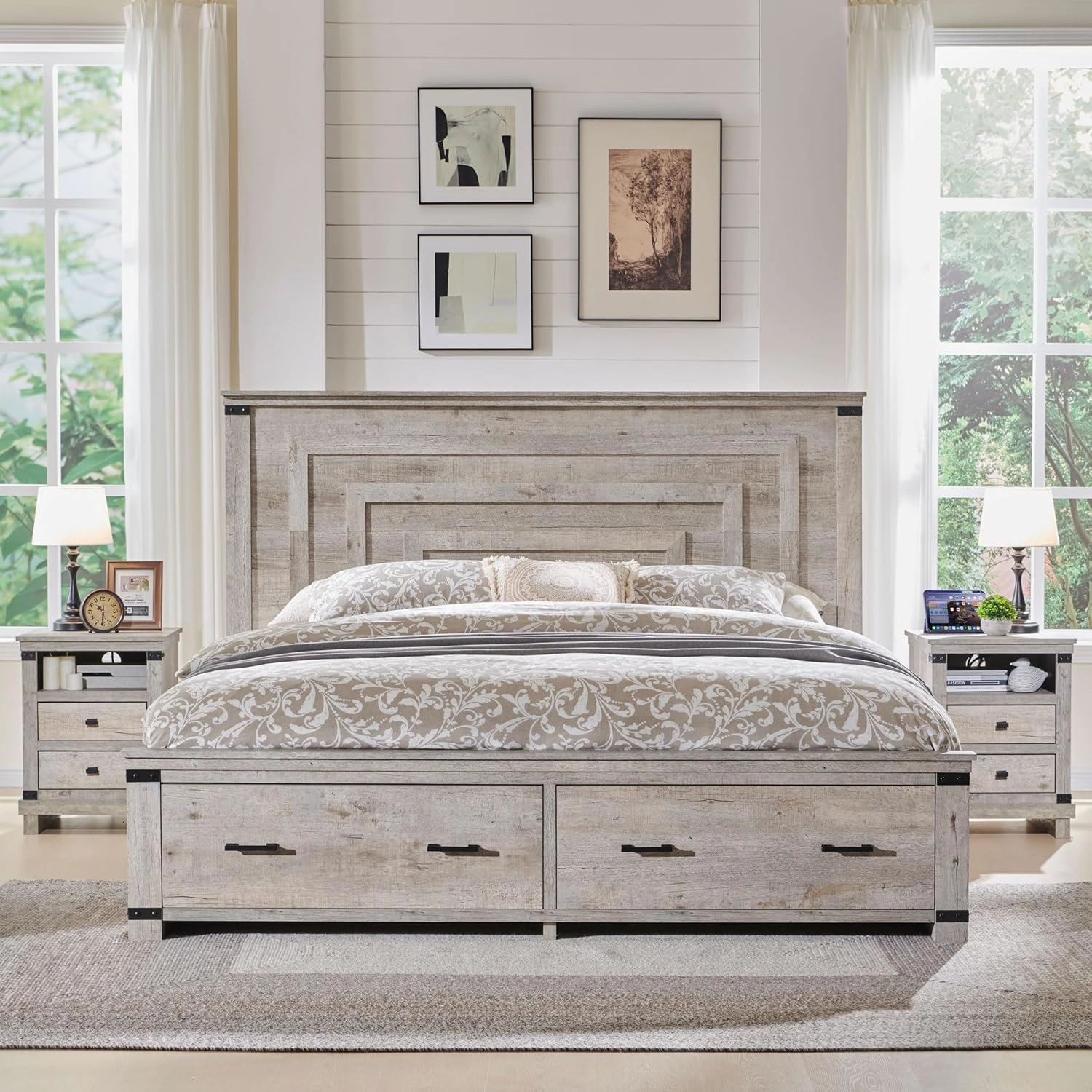 T4TREAM Farmhouse King Size Bed Frame with 54" Tall Geometric Headboard & 2 Large Storage Drawers, Rustic Wood Platform Bed with Wood Slats Support, No Box Spring Needed, Light Rustic Oak